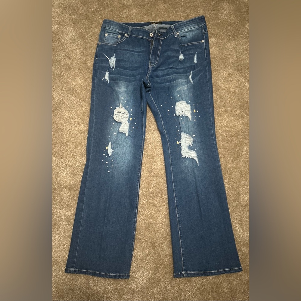 Ripped Blue Jeans with Rhinestones